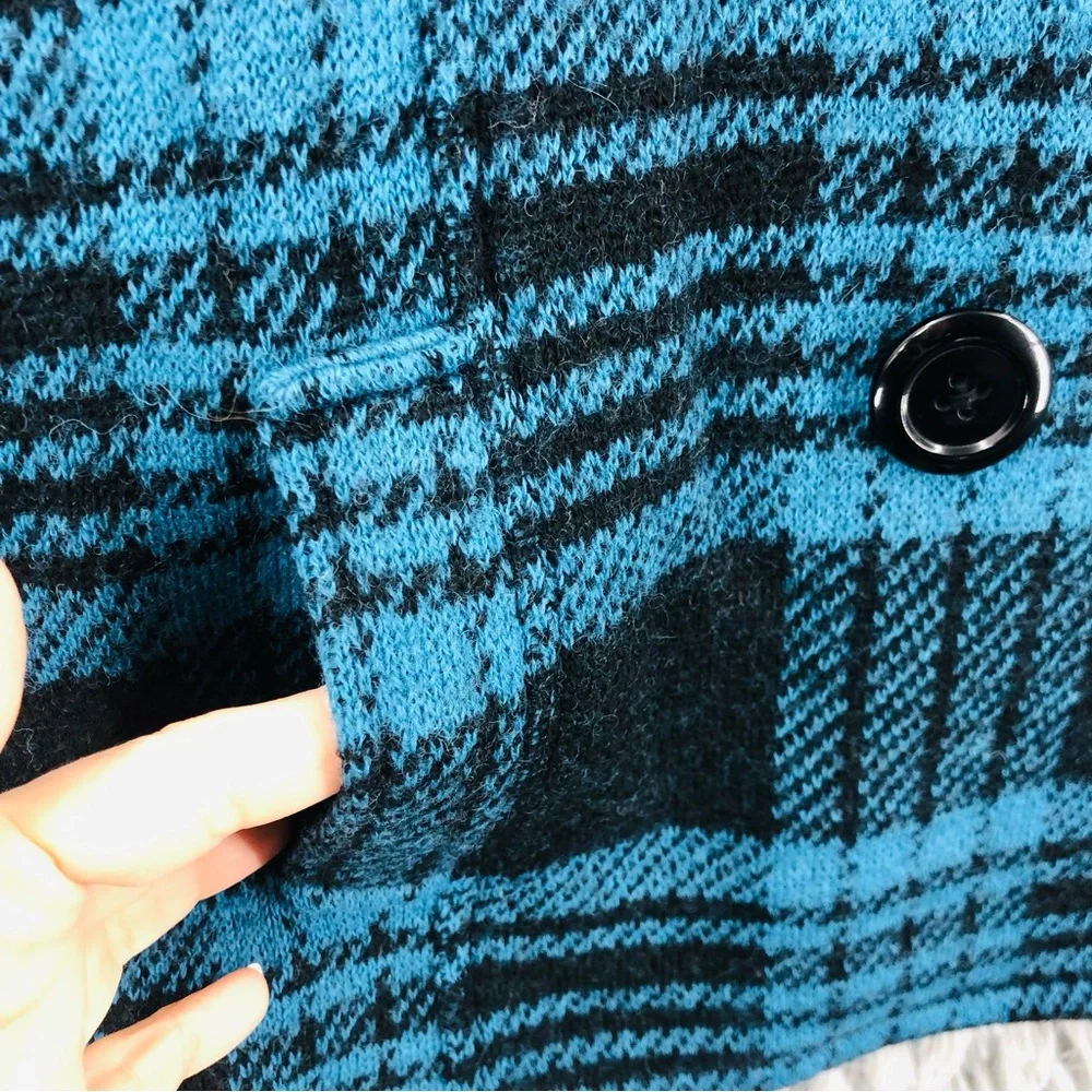 Keren Hart Peacoat Womens XL Wool Plaid Blue Black Pockets Pea Coat